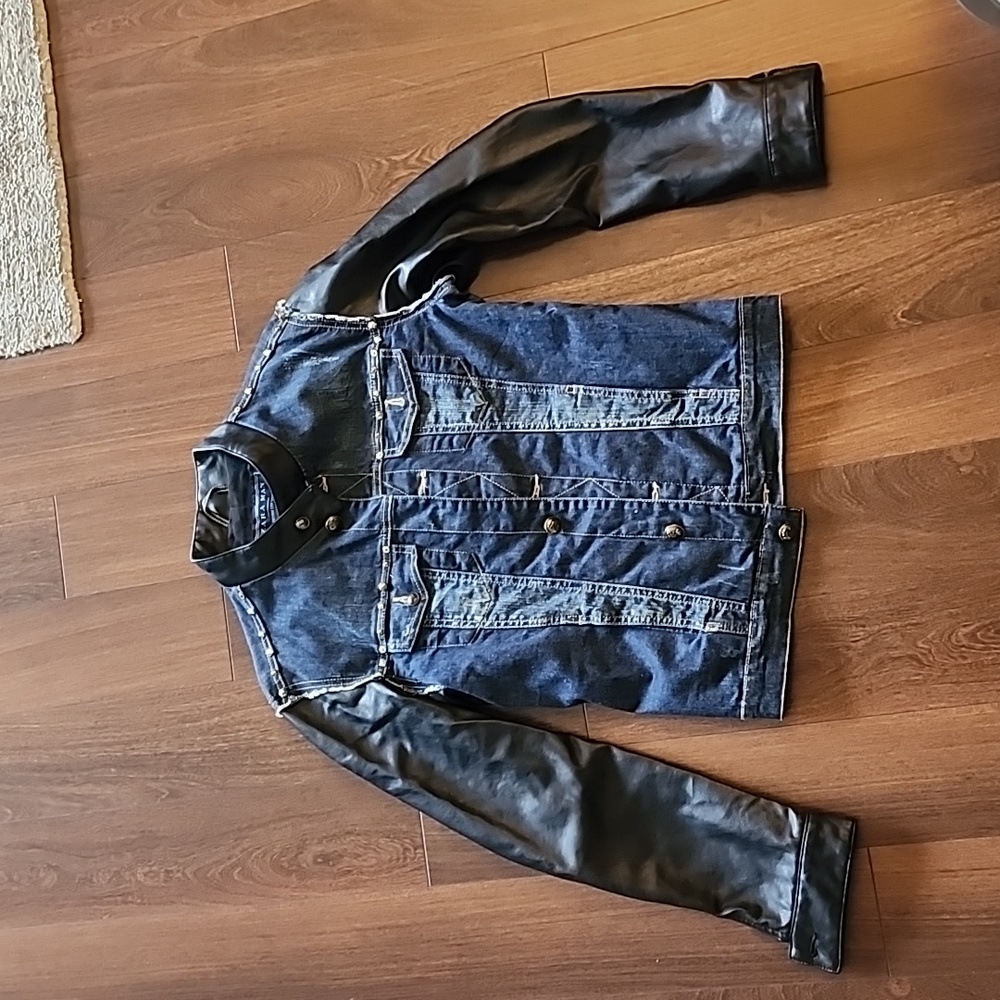 Zara Men denim couture studded jacket with faux leather arms and collar. M Size.